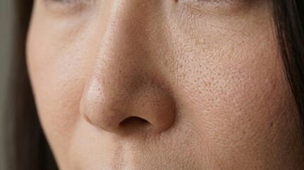 毛穴の開きや黒ずみが目立つ女性の鼻周辺のアップ