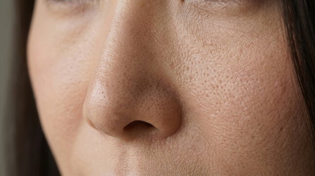 毛穴の開きや黒ずみが目立つ女性の鼻周辺のアップ