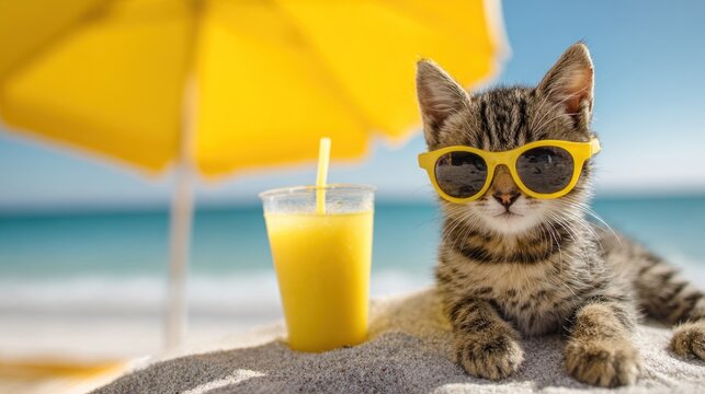 Cat wearing sunglasses relaxing on the beach near drink and parasol