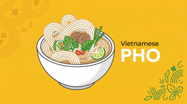 Vietnamese Pho Noodle Soup Vector Illustration with Herbs and Lime on a Bright Yellow Background. Authentic Asian Cuisine Graphic for Restaurant Menus, Food Posters, and Culinary Web Design Art