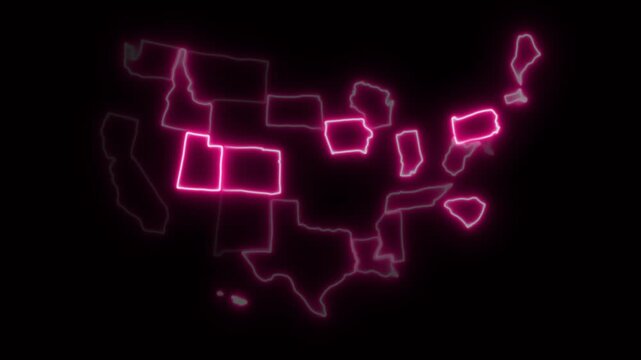 United States of America map with neon glowing light. Creative animation of America, shiny outline USA map. 3d rendering
