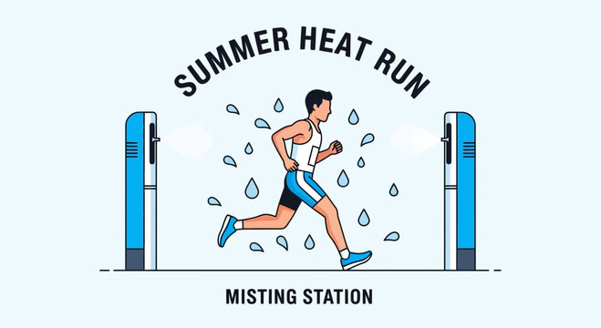 Summer Heat Run Illustration Featuring Runner Cooling Off at Misting Station