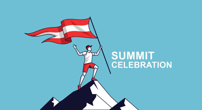 Summit Achievement: Victorious Person Plants Flag on Mountain Peak with Flag Flying High