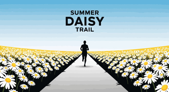 Summer Daisy Trail Running Silhouette Amidst a Vibrant Meadow and Tranquil Blue Sky