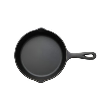 Heavy black cast iron skillet with handle for cooking and frying