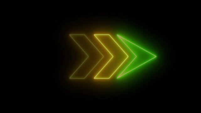 Yellow Glowing Neon Chevron Arrows Pulsing on Black Background 4k video