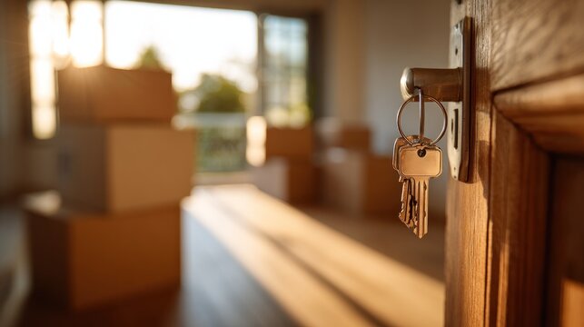 Keys in door leading to new home and cardboard boxes in sunlight