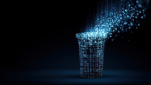 Digital data stream flowing into a glowing futuristic trash can on black backdrop