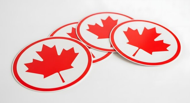 Four canadian flag stickers arranged on a white surface