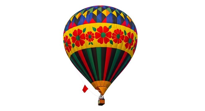 Colorful hot air balloon with floral and geometric patterns soaring high