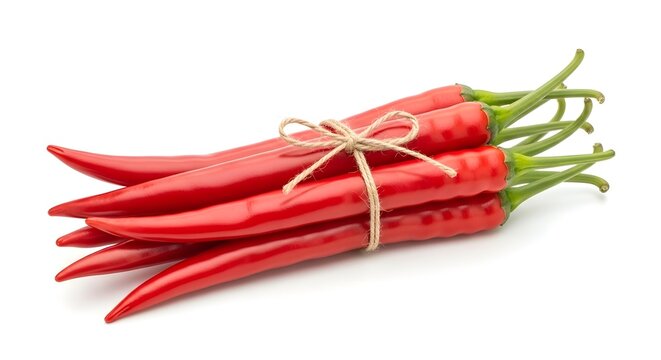 Bundle of fresh red chili peppers tied with natural twine