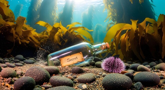 Underwater scene with kelp forest sea urchin and fish