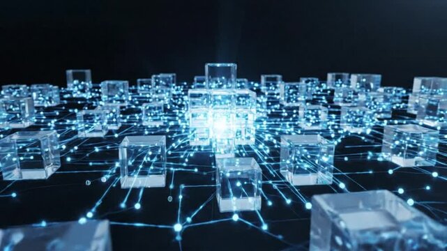 Minimalist 3D Glass Cubes with Glowing Blue Data Connection Lines for Digital Networking, Cloud Computing, and Blockchain Technology