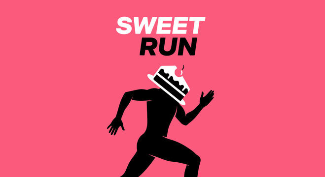 Sweet Run Concept Depicting Cake Headed Runner On Red Background Design Art