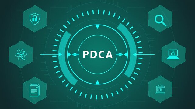PDCA Cycle Process Interface with Circular Quality Control HUD and Management Icons on Dark Digital Background Representing Continuous Improvement Loop