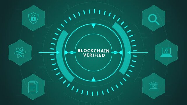 Blockchain Verified Security Interface with Circular Digital Ledger System and Trust Icons on Dark Technology Background Representing Decentralized Validation