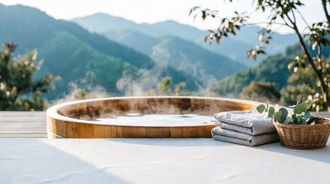 Steam Rising from Wooden Hot Tub with Mountain View for Wellness Retreat