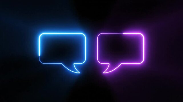 Neon blue and purple chat bubbles glowing on a dark background showing communication and dialogue