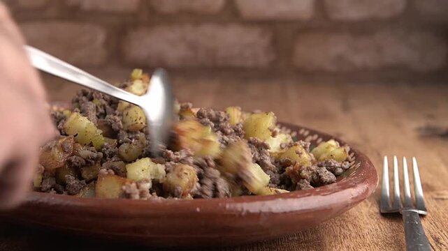 Mexican food, picadillo with potatoes, seasoned with spicy spices, garlic, celery and onion served on a handmade clay plate, with a fork on the side with a rustic brick wall in the background