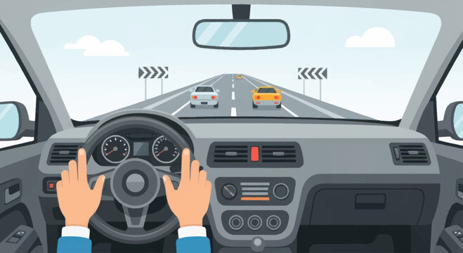 Hands on steering wheel driving.