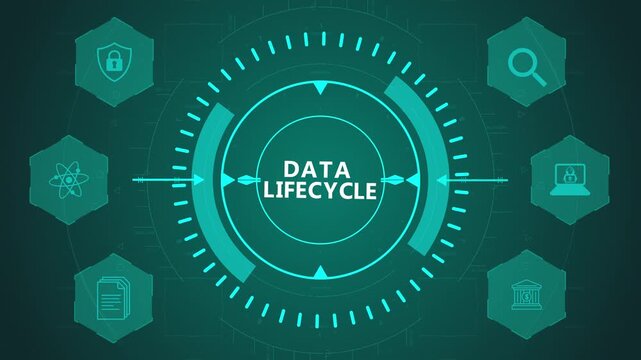 Data Lifecycle Management Interface with Circular Digital System and Process Icons on Dark Technology Background Representing Data Flow and Storage Stages