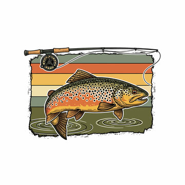fly fishing illustration featuring a brown trout and rod over a retro sunset background