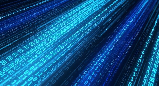 Blue digital streams of binary code flowing into the distance