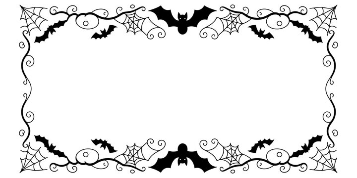 Decorative halloween border with black bats spider webs and curly vines on a white background. Vector, illustration