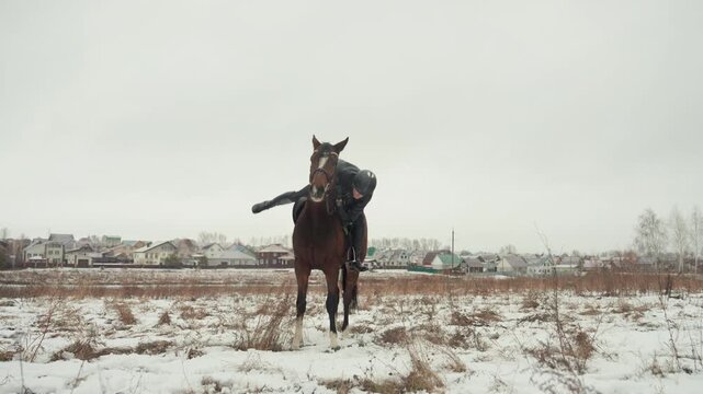 Person approaches horse on snowy plain attempting mount and coordination drills, movement study of tandem teamwork, rural backdrop with muted winter sky, emphasis on trust and instruction