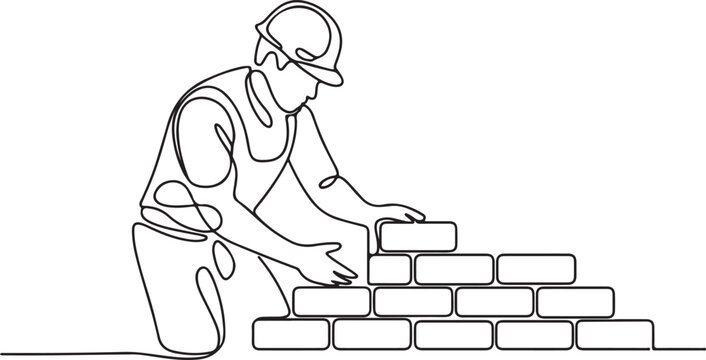 Continuous one line art of repairman building brick wall. Construction worker in uniform and helmet doing work.one line drawing vector illustration