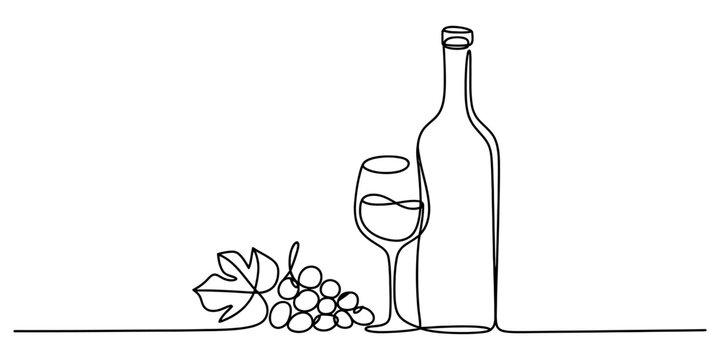 Continuous line drawing of a wine bottle, a glass, and a bunch of grapes with a leaf on white. Vector, illustration