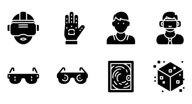 Virtual reality icons, VR headset symbols, futuristic tech signs, black vector graphics set