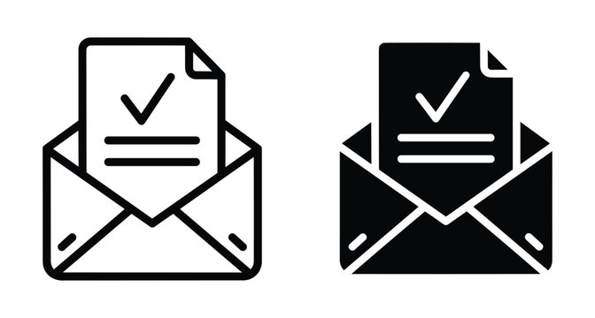Open envelope icon set with document and checkmark symbol representing successful email delivery message confirmation verified mail notification and inbox communication