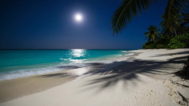 Tranquil moonlit beach scene with turquoise ocean waves lapping on white sand, tropical evening paradise