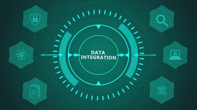Data Integration System Interface with Circular Digital Platform and Connection Icons on Dark Technology Background Representing Unified Data Flow and Processing