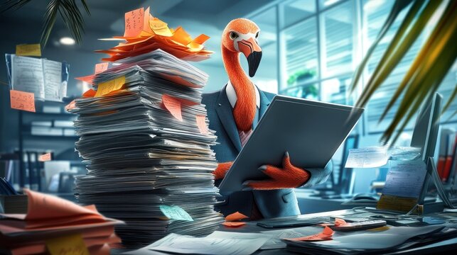 A flamingo in a suit manages paperwork in a cluttered office environment.