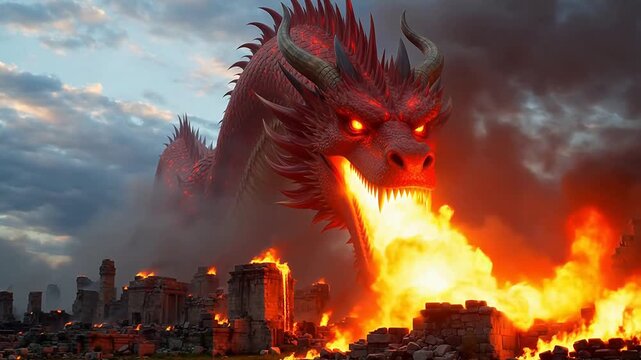 Giant dragon breathing fire over ruins for engaging brand promotion and marketing