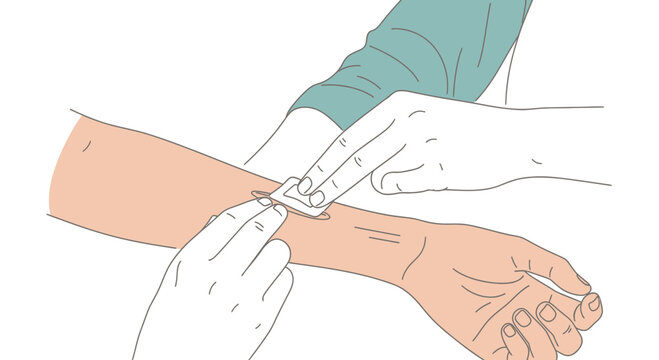 Applying bandage to arm after injection or blood draw, close-up medical procedure