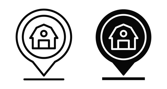 Farm location map pin icon set with barn symbol for agriculture navigation gps tracking rural area positioning and farmstead marking