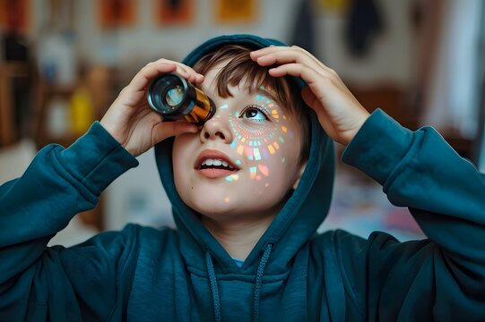 Futuristic Kid Exploring Science with Kaleidoscope and Light Patterns