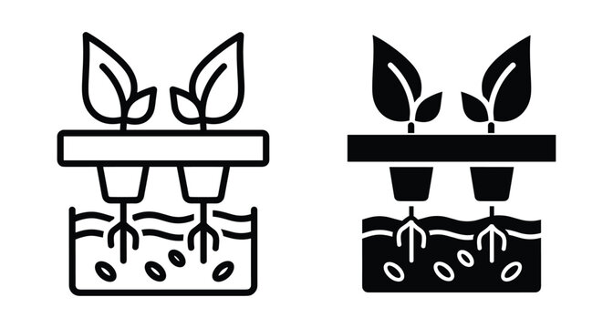 Hydroponic plant growth system icon set showing roots in water with leaves and nutrient solution for sustainable indoor farming agriculture