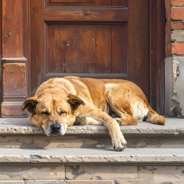 A light brown dog sleeps on a stone stoop in front of a wooden door