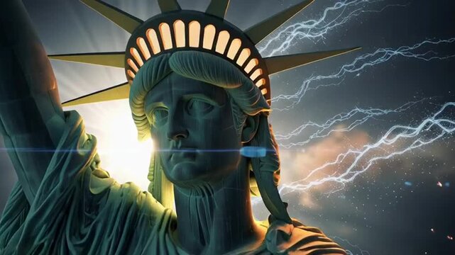 Statue of Liberty exploding with debris and lightning