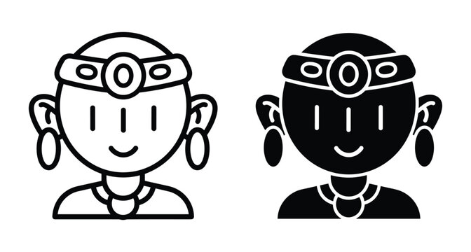 Monk priest character icon set with headband and jewelry in outline and solid black flat vector style for web design
