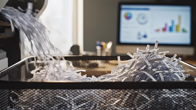 Shredded paper strips filling a wire mesh trash bin documents destroyed with a paper shredder in an office setting close-up shot