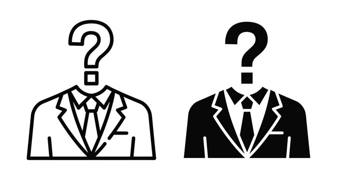 Anonymous businessman icon set with question mark head representing unknown identity mystery candidate recruitment profile avatar and corporate privacy concept