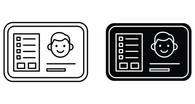 Identification card icon set featuring male profile avatar with personal data fields and checkboxes for membership or driver license verification