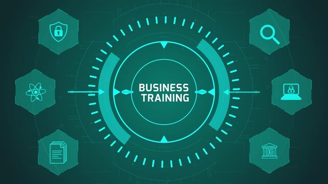 Business Training Development Interface with Circular Digital System and Learning Icons on Dark Technology Background Representing Skill Enhancement and Education