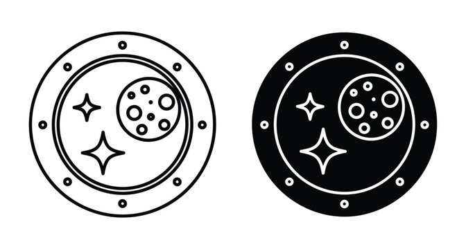 spaceship porthole window icon set showing moon with craters and stars in outer space for science fiction and astronomy design