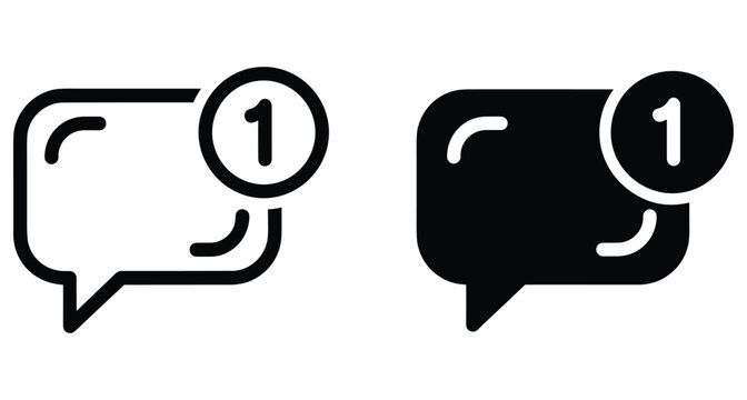 speech bubble notification icons with number one badge showing unread message alert in outline and solid black vector style set